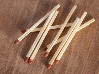 Wooden matches sticks on a wooden table background