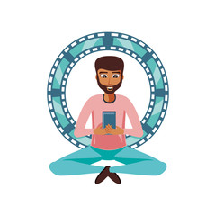 man sitting with smartphone and video tape