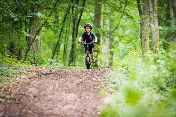 Obraz premium Petit garçon en trottinette sur un chemin dans un bois