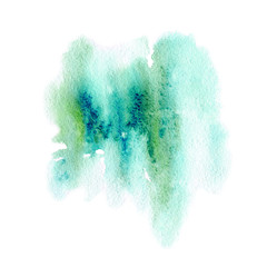 Blue and green watery illustration. Abstract watercolor hand drawn image.Wet splash.White background.