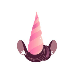 Unicorn pink horn with mane and ears vector illustration in cartoon style - cute fairy animal element for birthday party photo booth props or invitation design isolated on white background. © sabelskaya
