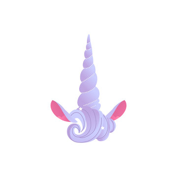 Unicorn purple horn with mane and ears vector illustration in cartoon style. Cute fairy animal element for birthday party photo booth props or invitation design isolated on white background.
