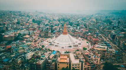 Stupa temple Bodhnath Kathmandu, Nepal from air October 12 2018