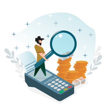 Concept images in a flat style. A man with a beard and a big magnifying glass in his hand, which is on top of the terminal paying with bank cards, against the background of a stack of bills and coins.