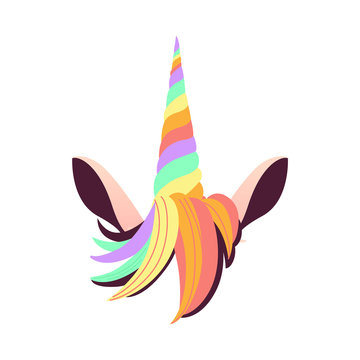 Unicorn rainbow colored horn with hair and ears vector illustration - sweet colorful fairy animal element for birthday party card or invitation design in cartoon style isolated on white background.