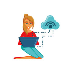 woman sitting with laptop and cloud computing