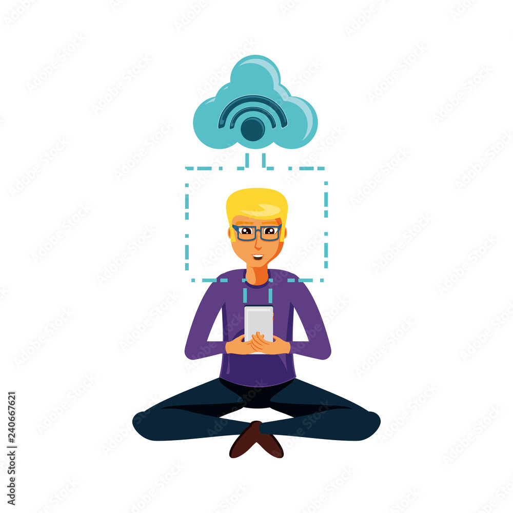 Poster man sitting with smartphone and cloud computing