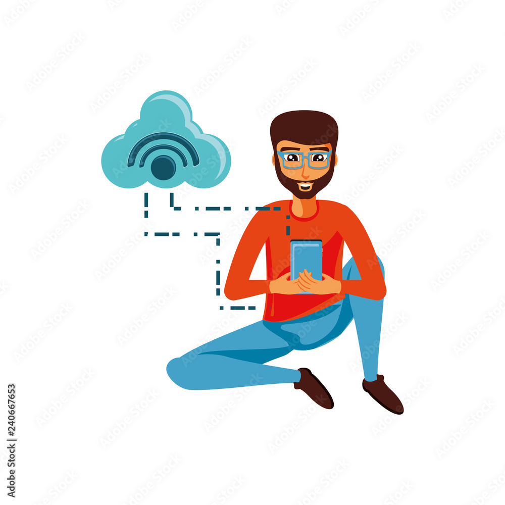 Poster man sitting with smartphone and cloud computing