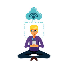 man sitting with smartphone and cloud computing