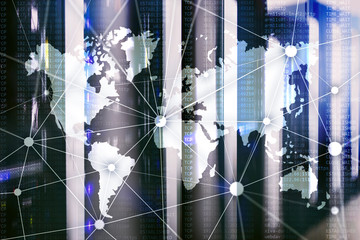 World map with communication network on server room background.