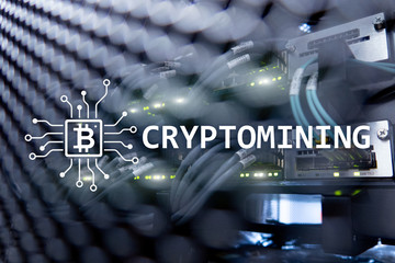 Cryptocurrency mining concept on server room background.