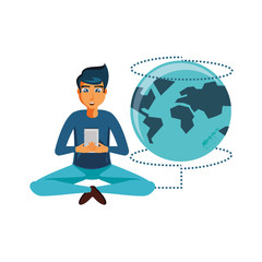 man sitting with smartphone and planet earth