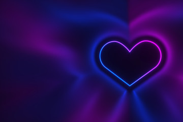 Silhouettes of small village houses with pitched roofs illuminated silhouette neon heart 3D illustration