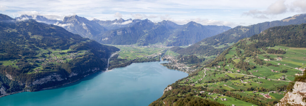 Walen Lake panorama aerial view at Amden village, Switzerland