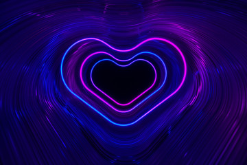The silhouette of a glowing neon heart on the background of shiny stripes. 3D illustration