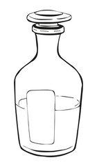 Outline drawing of a glass bottle with a glass stopper. Outline. Sketch-Style Icon. Symbol. Sign. Stock Vector Illustration. Transparence. White Isolated.