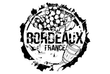 Old wood barrel and a bunch of grapes. Bordeaux, France city emblem. Hand drawn illustration.