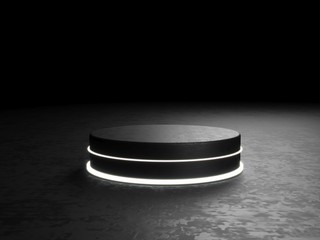 Round podium, pedestal or platform, illuminated by led spotlights. illustration. Bright lightpodium. Advertising place. Blank product stand and Abstract background with light. 3d Rendering.