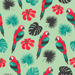 Seamless bright tropical pattern with watercolor parrots and palm leaves.