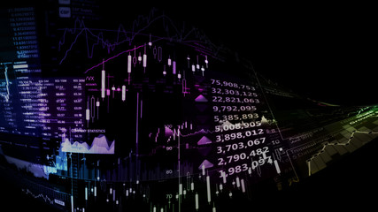 3D rendering of stock indexes in virtual space. Economic growth, recession