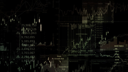 3D rendering of stock indexes in virtual space. Economic growth, recession