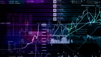 3D rendering of stock indexes in virtual space. Economic growth, recession