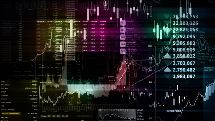3D rendering of stock indexes in virtual space. Economic growth, recession