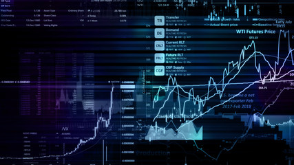 3D rendering of stock indexes in virtual space. Economic growth, recession