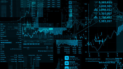 3D rendering of stock indexes in virtual space. Economic growth, recession