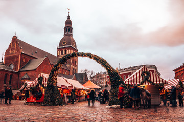 Christmas market and the main Christmas tree located at the Dome square in old Riga, Latvia. 