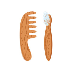 Vector illustration of wooden hair comb and brush in flat style isolated on white background - eco friendly personal hygiene products and tools. Accessory made from natural materials.