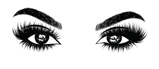Abstract fashion illustration of the eye with creative makeup. Hand drawn vector idea for business visit cards, templates, web, salon banners,brochures. Natural eyebrows and glam eyelashes - obrazy, fototapety, plakaty