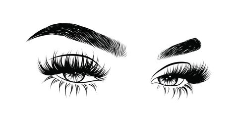 Abstract fashion illustration of the eye with creative makeup. Hand drawn vector idea for business visit cards, templates, web, salon banners,brochures. Natural eyebrows and glam eyelashes