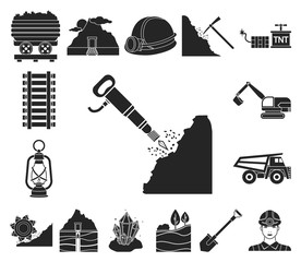 Mining industry black icons in set collection for design. Equipment and tools vector symbol stock web illustration.