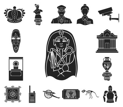 Museum and gallery black icons in set collection for design. Storage and exhibition of showpiece vector symbol stock web illustration.