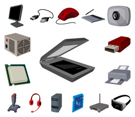 Personal computer cartoon icons in set collection for design. Equipment and accessories vector symbol stock web illustration.