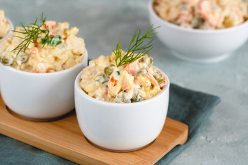 Traditional Polish salad with cooked vegetables and mayonnaise.