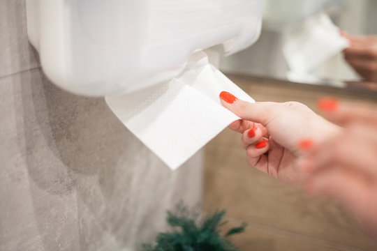 Paper towel dispenser. Hand of woman takes paper towel in bathroom
