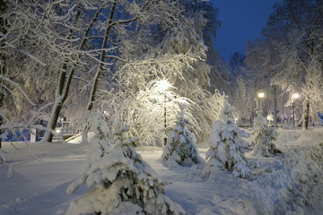 Beautiful snowy winter in Kiev, Ukraine, a lot of snow in the evening streets