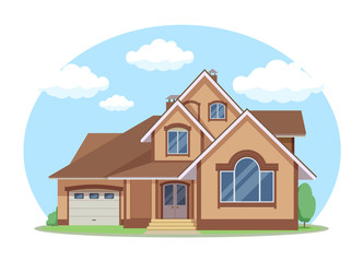 Cartoon house exterior with blue clouded sky Front Home Architecture Concept Flat Design Style. Vector illustration of Facade Building.