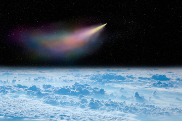 Comet flying in space over white clouds. Space landscape. Earth and comet