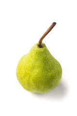 Juicy green packham pear on white with drops.
