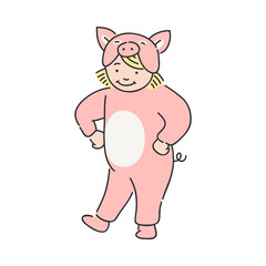 Kid girl in fancy dress of pink pig dancing and having fun isolated on white background. Hand drawn vector illustration of cheerful smiling child in party costume for carnival holiday concept.