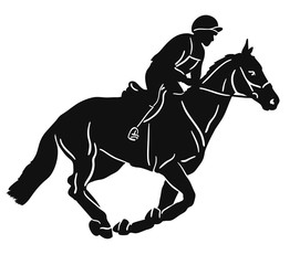 Silhouette of a rider and horse  moving the canter.