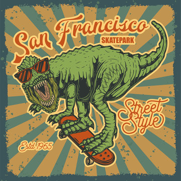 Original vector illustration of a dinosaur on a skateboard. Print for t-shirts or stylish stickers.