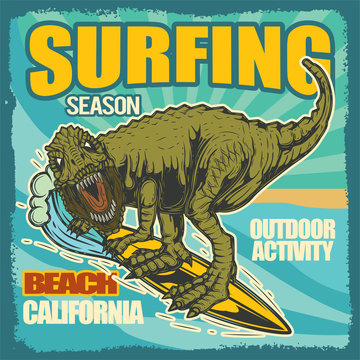 Original vector illustration of a dinosaur on surfing. Print for t-shirts, or stylish stickers.