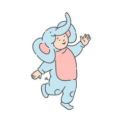 Vector illustration of cute kid in carnival costume of elephant isolated on white background. Hand drawn smiling cheerful child in fancy dress of animal for holiday concept.