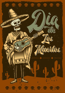 Original vector poster. Skeleton musician with a guitar in his hands. Mexican style