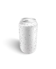 Vector aluminium can with water drops white mockup for beer, juice or soda fresh drink packaging design. Soft or alcohol drink metal container on isolated background. Refreshing beverage in metal tin.
