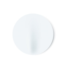 Vector illustration of badly glued white blank round stick in realistic style - mock up of circle adhesive paper sheet, empty emblem template isolated on white background.